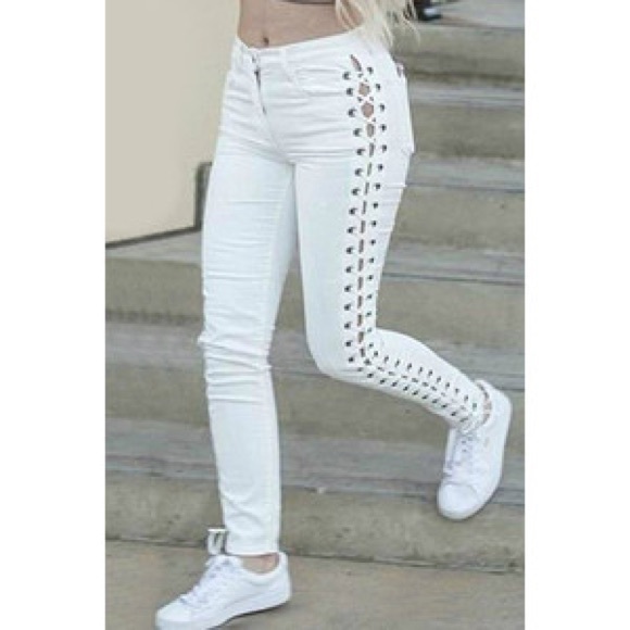 white side lace up jeans